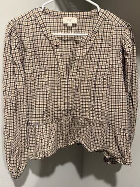 LOFT Navy & Beige Plaid Ruffled Hem Blouse